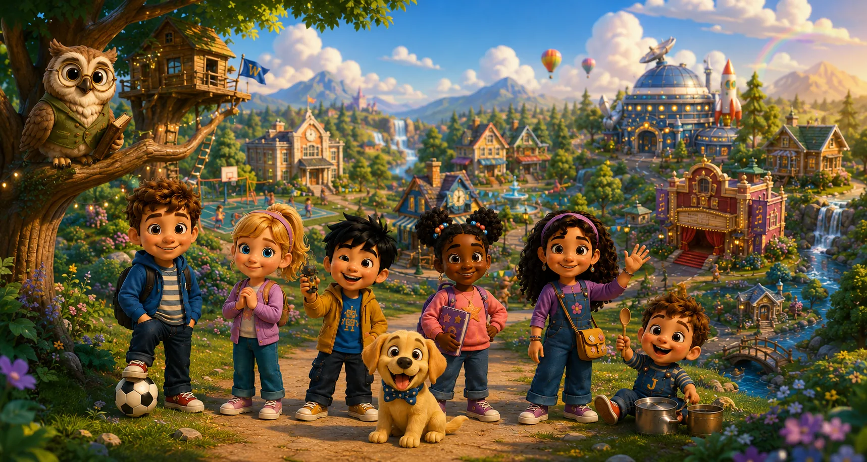 The magical village of Willowbrook with Tiny Tales characters and Owl the storyteller